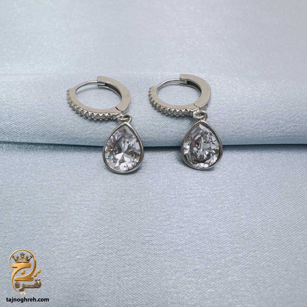 گوشواره نقره زنانه آویز نگین دار اشکی مدل ESW E131