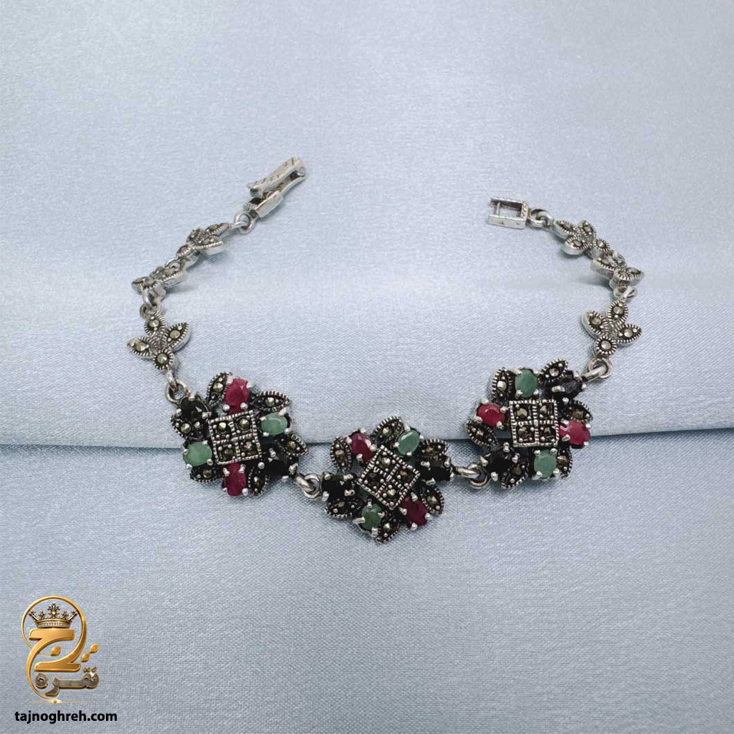 دستبند نقره زنانه 3 گل نگین رنگی مدل DSW D105