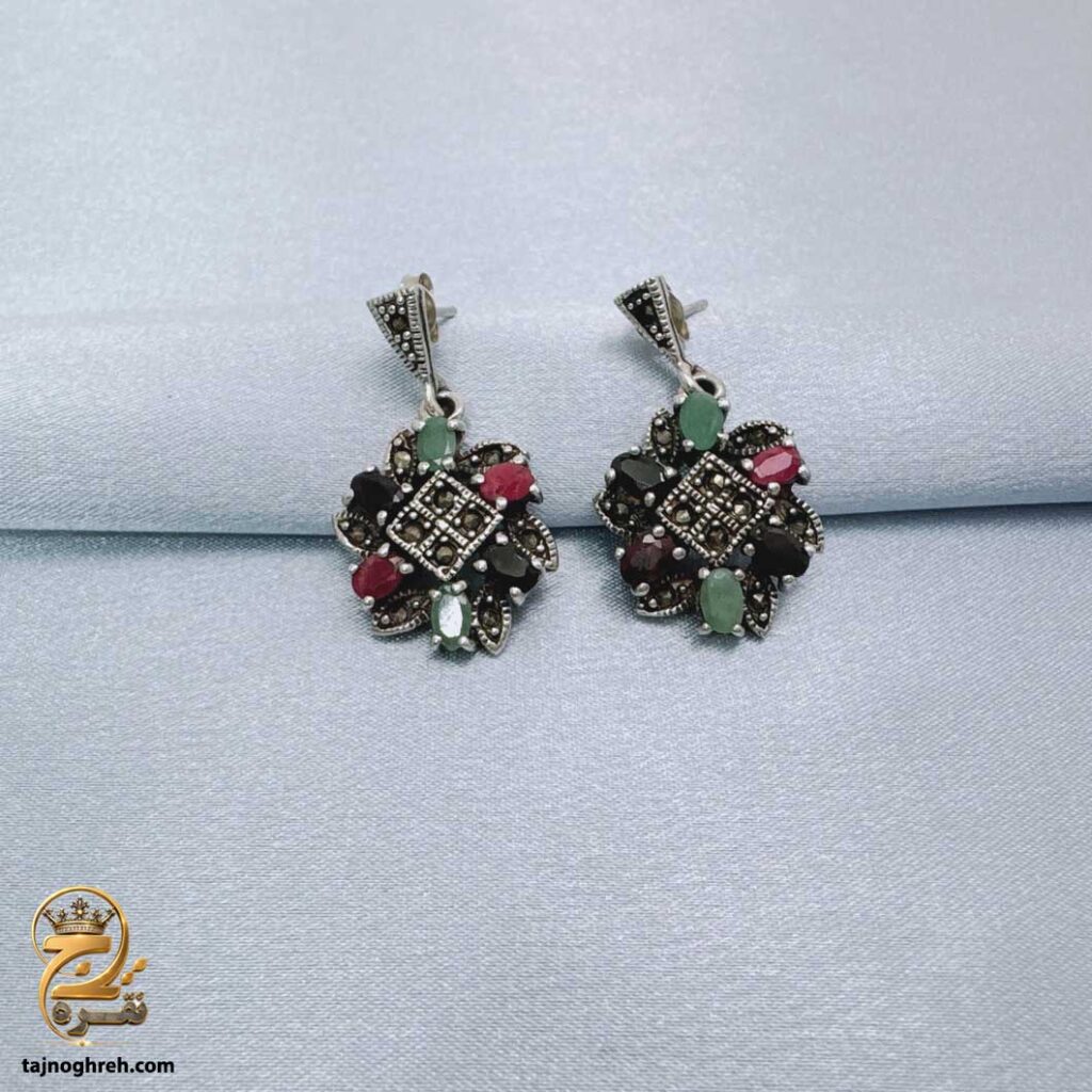 گوشواره نقره زنانه نگین رنگی مدل ESW E130